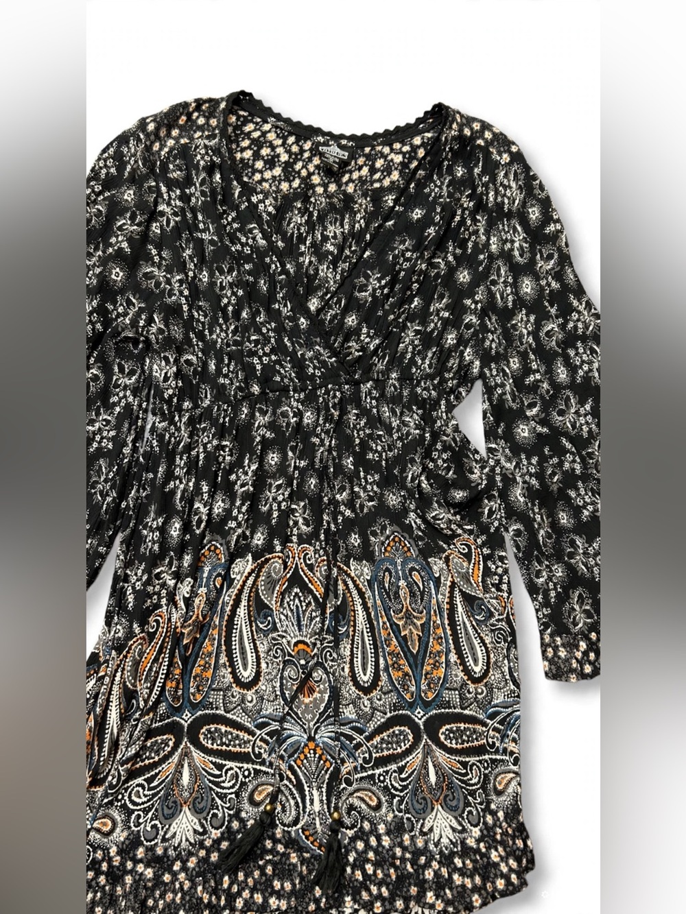 Angie Black Paisley V-Neck Long Sleeve Tunic with Orange & Blue Accents